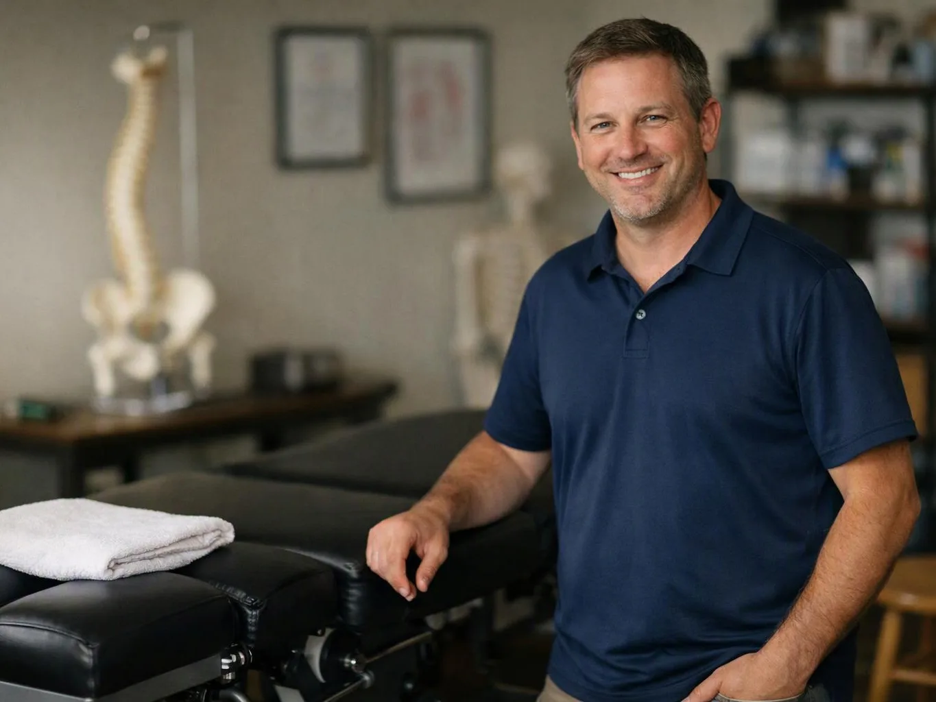 A smiling man in a navy polo stands beside a massage table in a treatment room