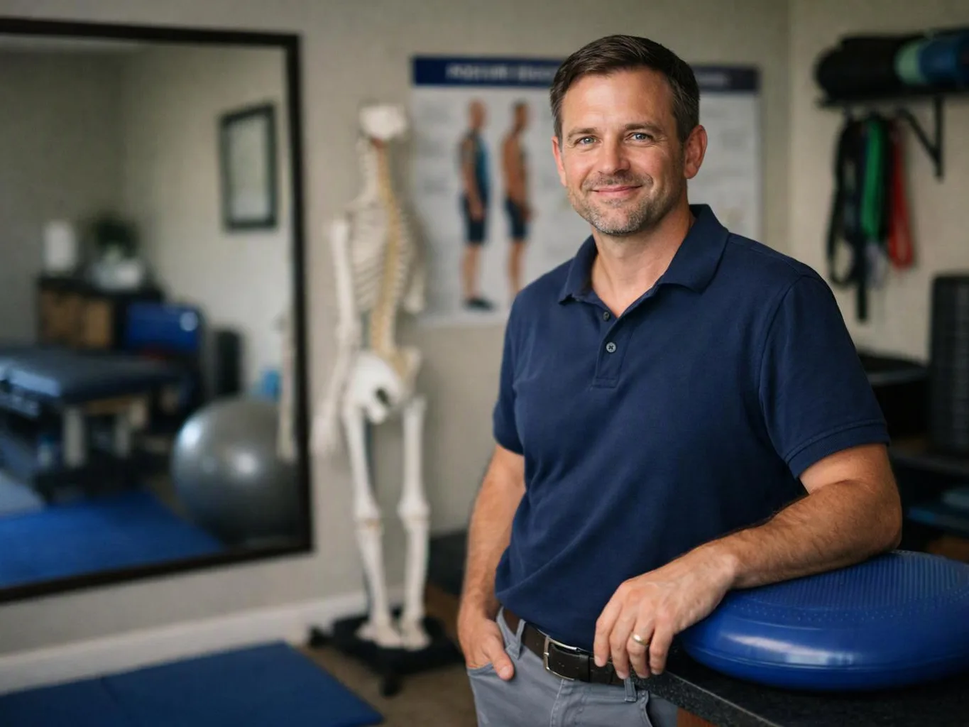 A smiling man in a navy polo stands in a physical therapy room beside a blue balance cushion