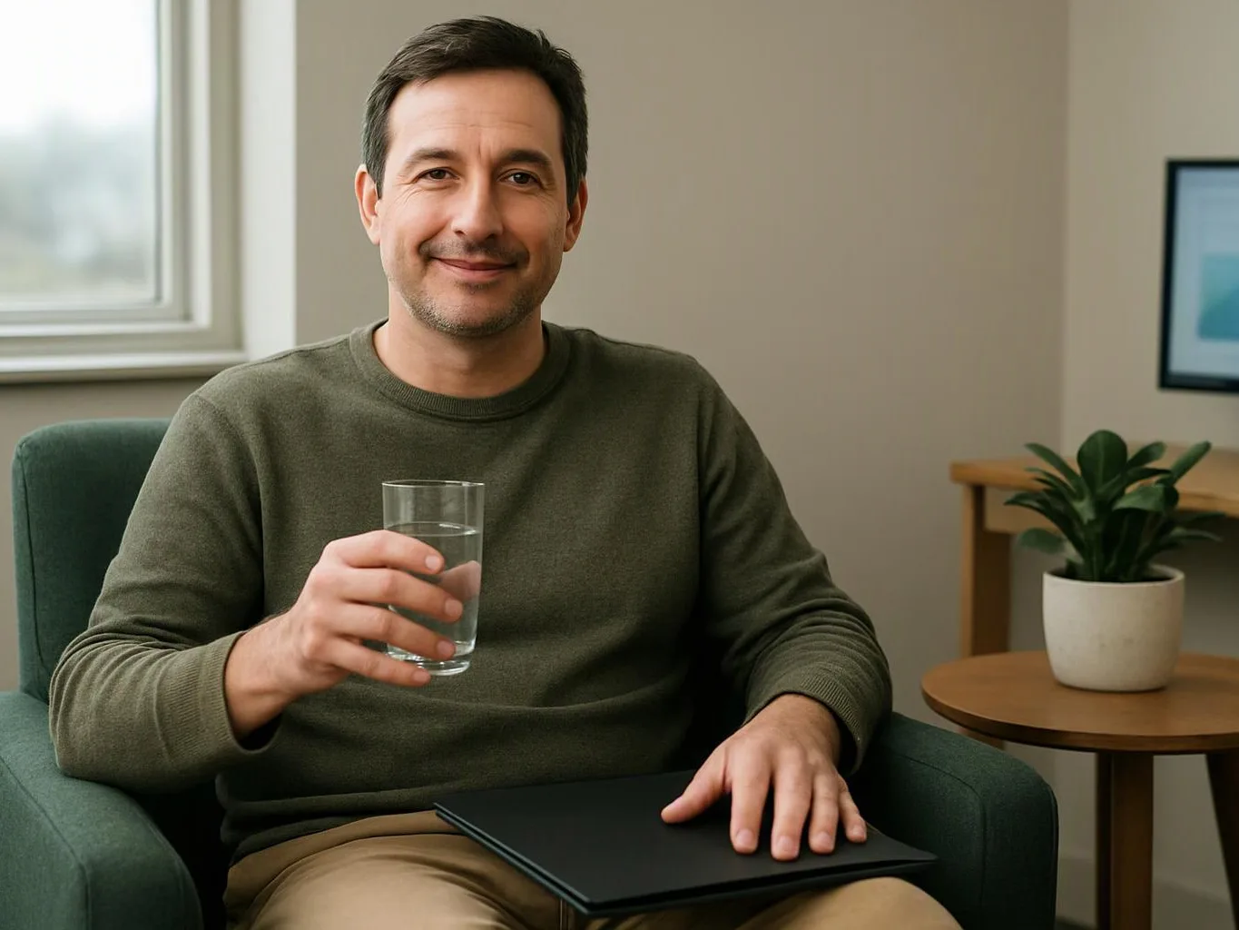 A smiling man sits in a chair holding a glass of water with a folder on his lap in a quiet room
