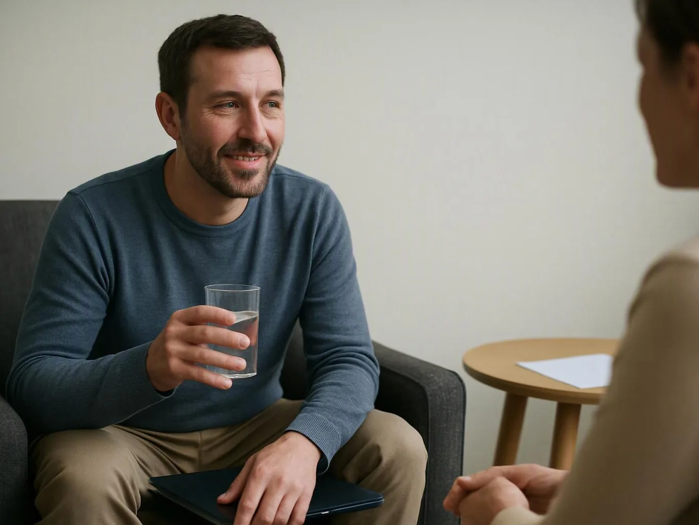 A smiling man sits in a chair holding a glass of water during a conversation with another person