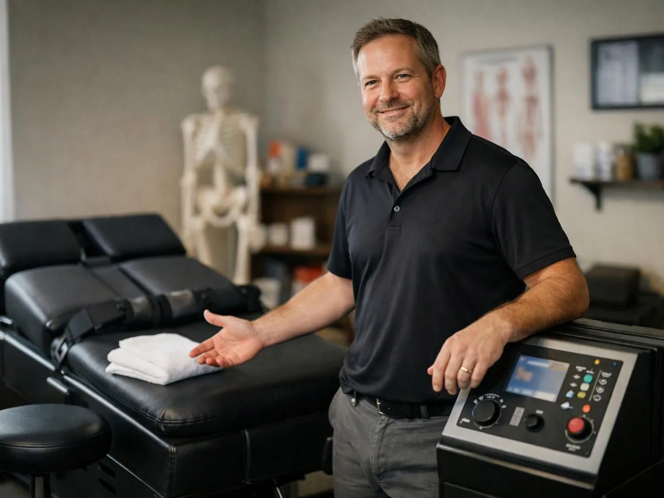 A smiling man stands beside a black therapy table and control panel in a clinic room