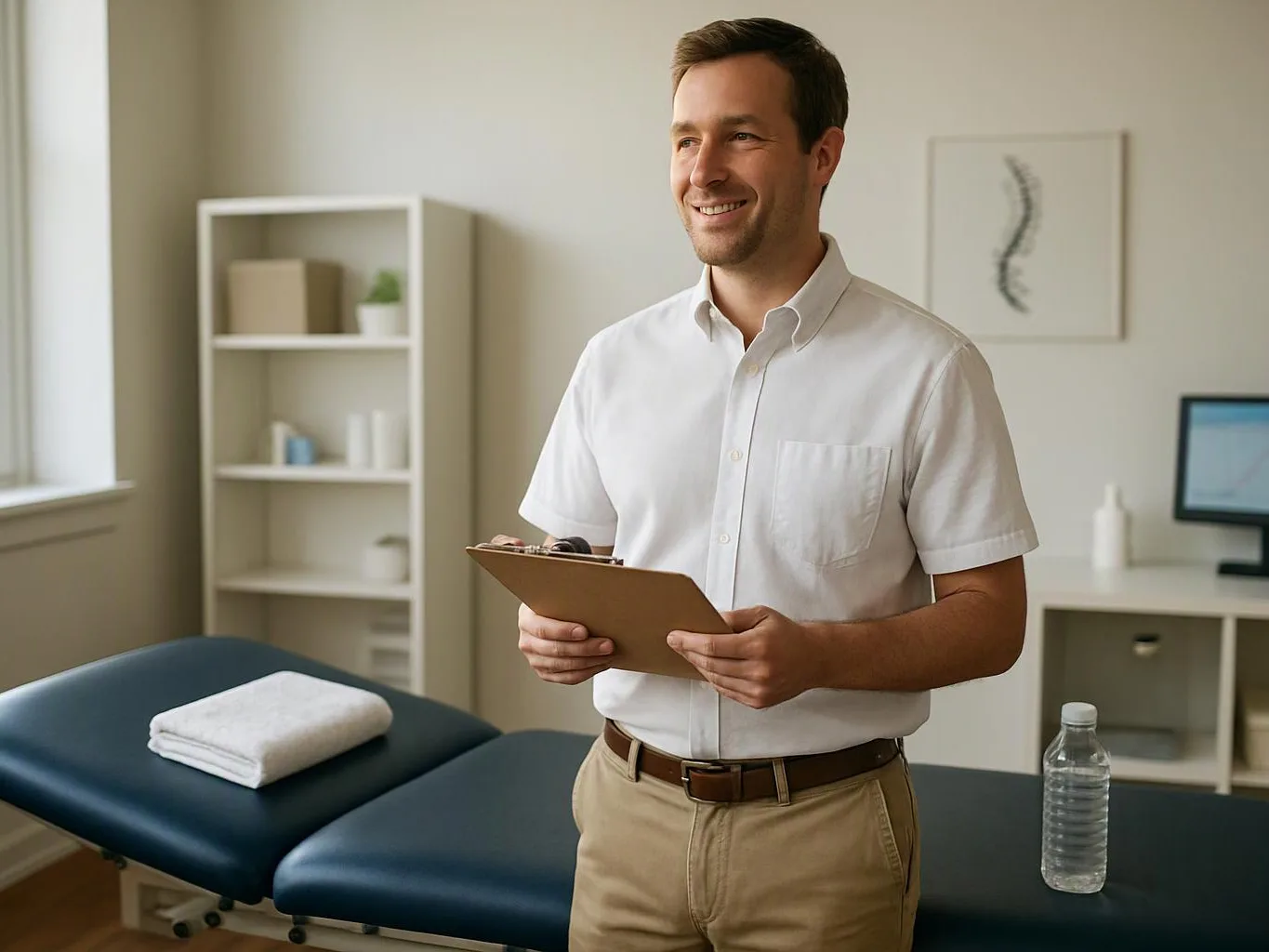 A smiling man stands in a bright exam room, holding a clipboard beside a treatment table and shelves