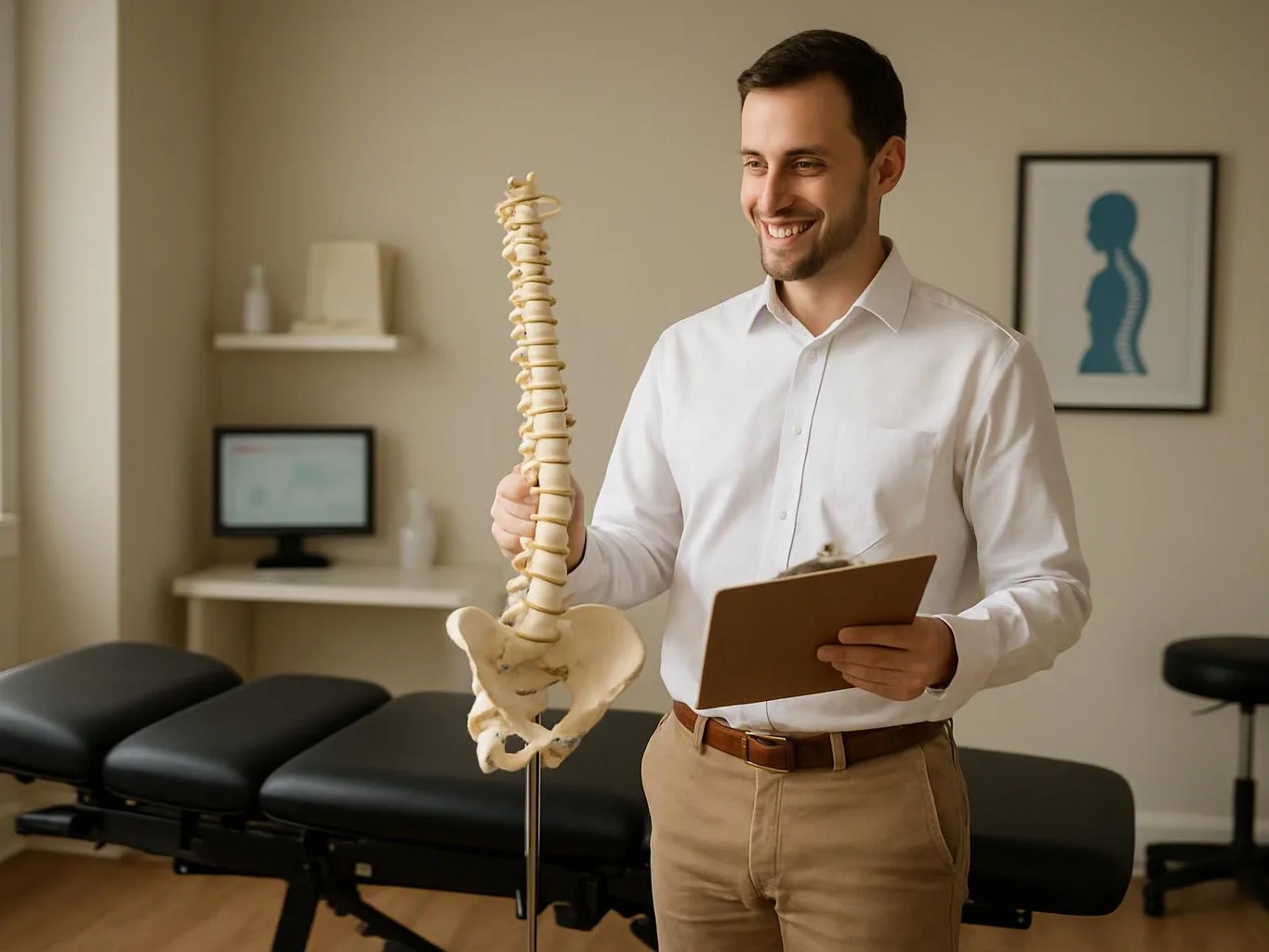 A smiling man in a white shirt holds a spine model and clipboard in a treatment room