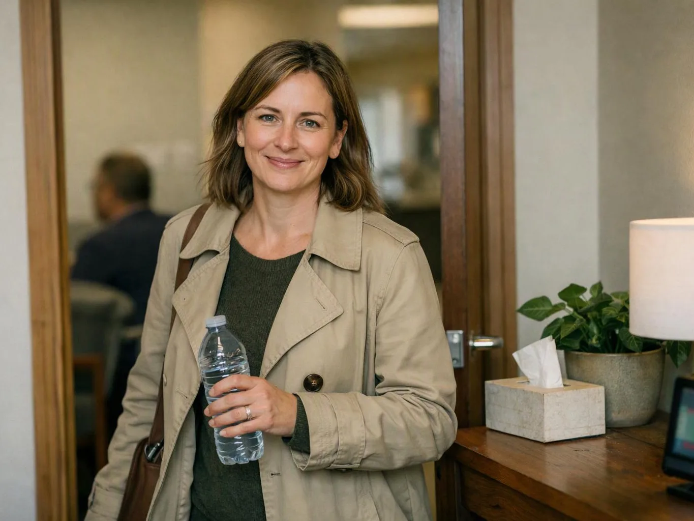 A smiling woman in a beige coat holds a water bottle in a bright office doorway