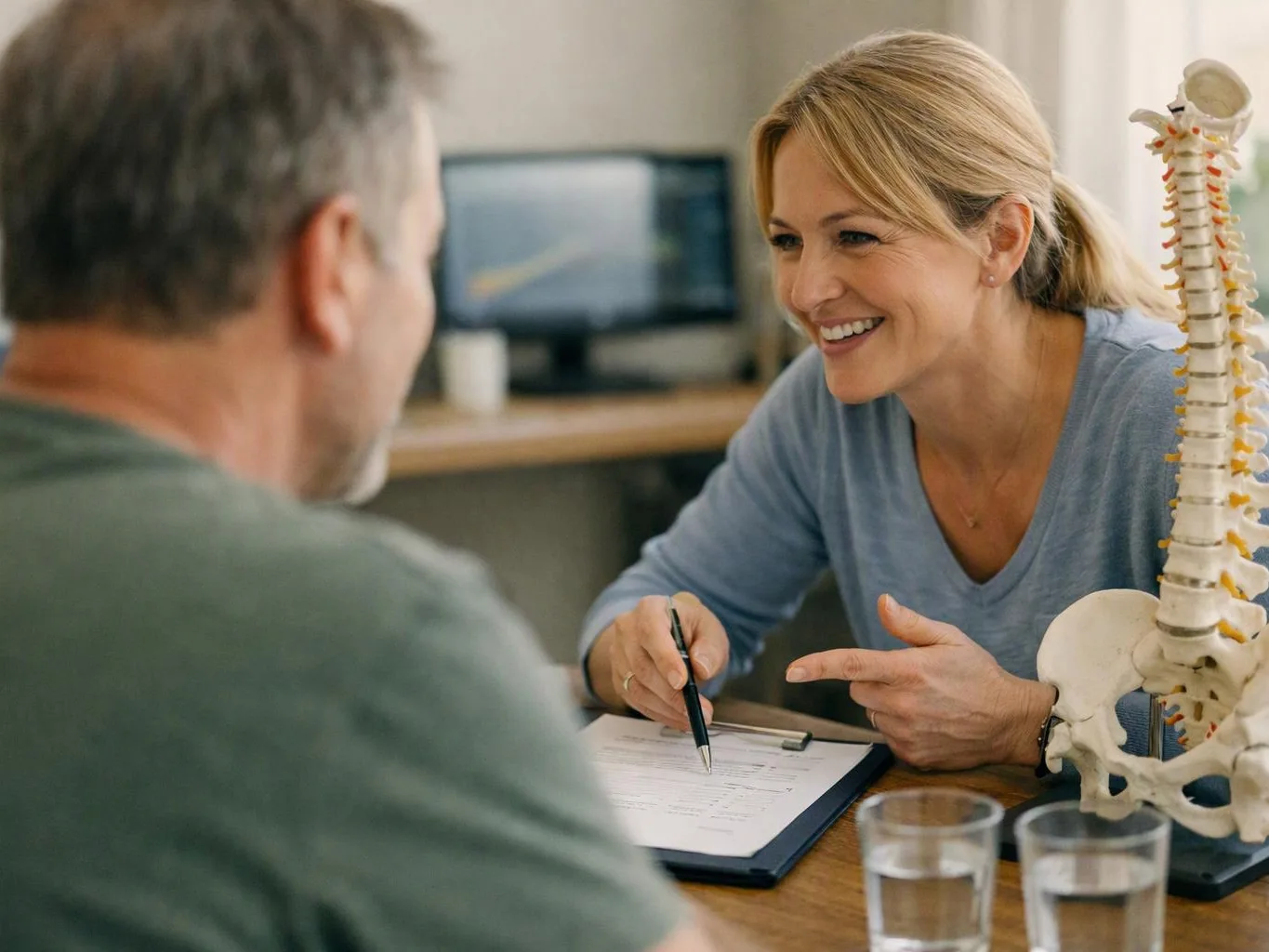 A smiling woman points at a form while talking to a man across a desk with a spine model