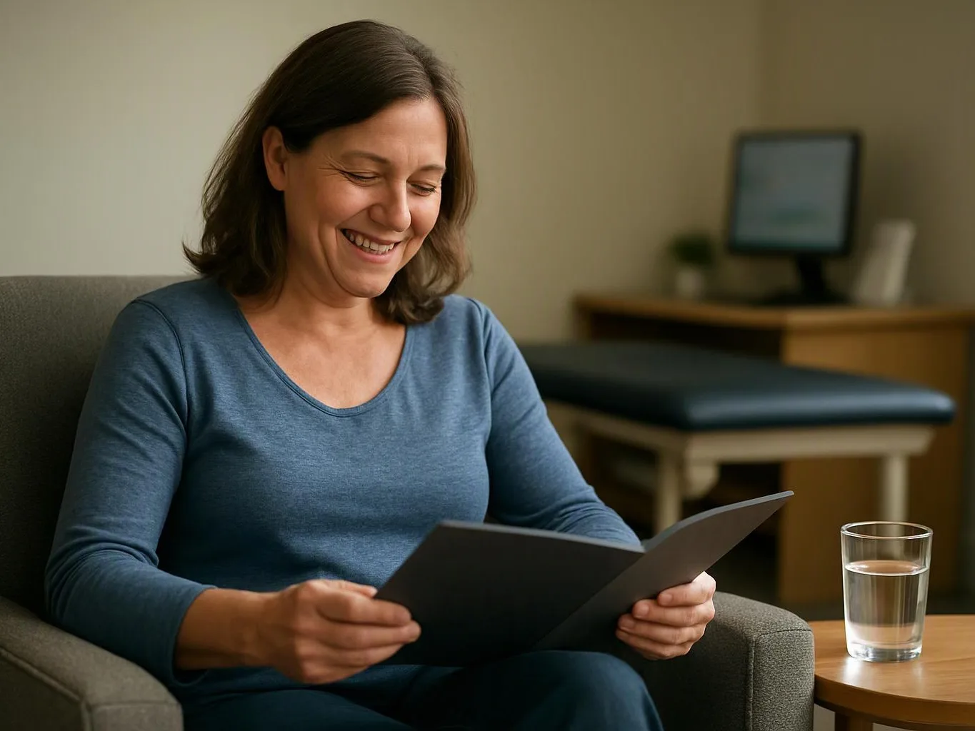 A smiling woman sits in a chair reading a dark card in a quiet exam room, with a glass of water beside her