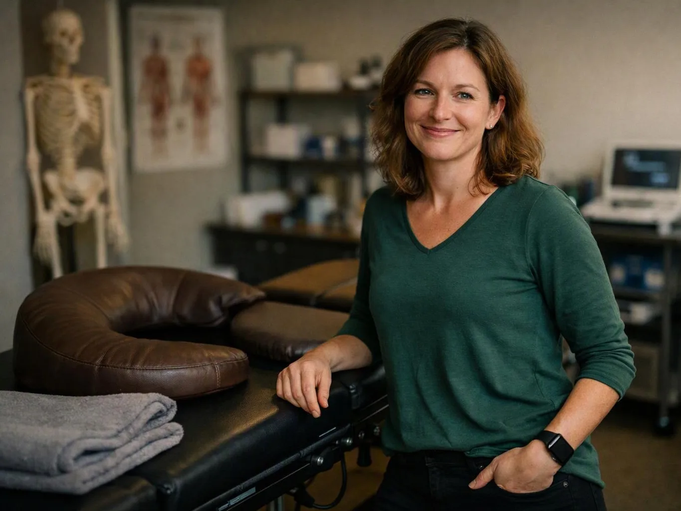 A smiling woman stands beside a massage table in a clinic room with a skeleton model and medical shelves behind her