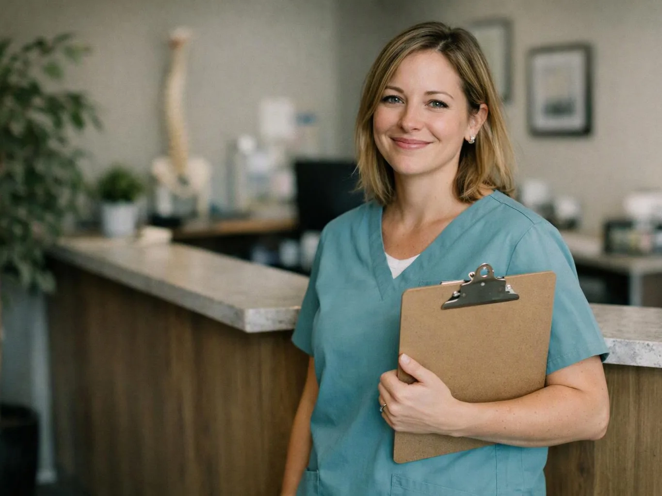 A smiling woman in teal scrubs holds a clipboard beside a reception counter in a clinic office