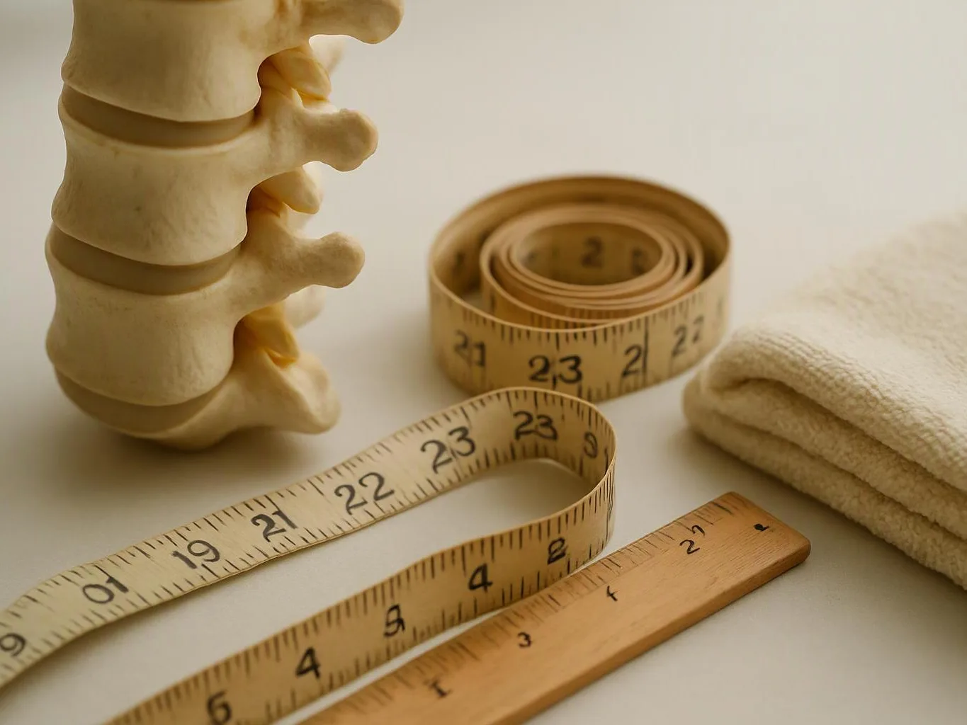 A spine model sits beside coiled measuring tapes, a ruler, and folded towels on a light surface