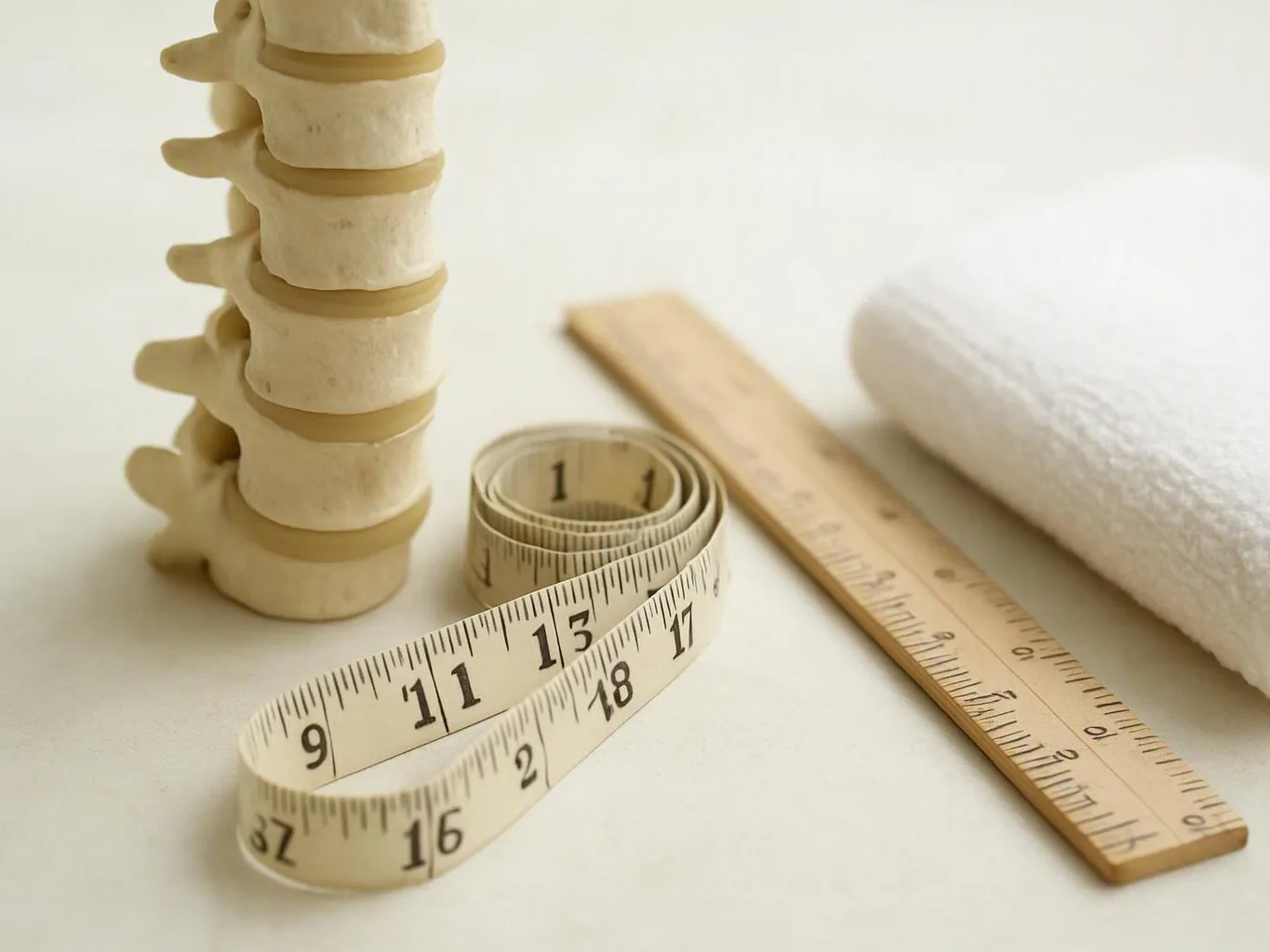 A spine model sits beside measuring tape, a wooden ruler, and a rolled white towel on a plain surface