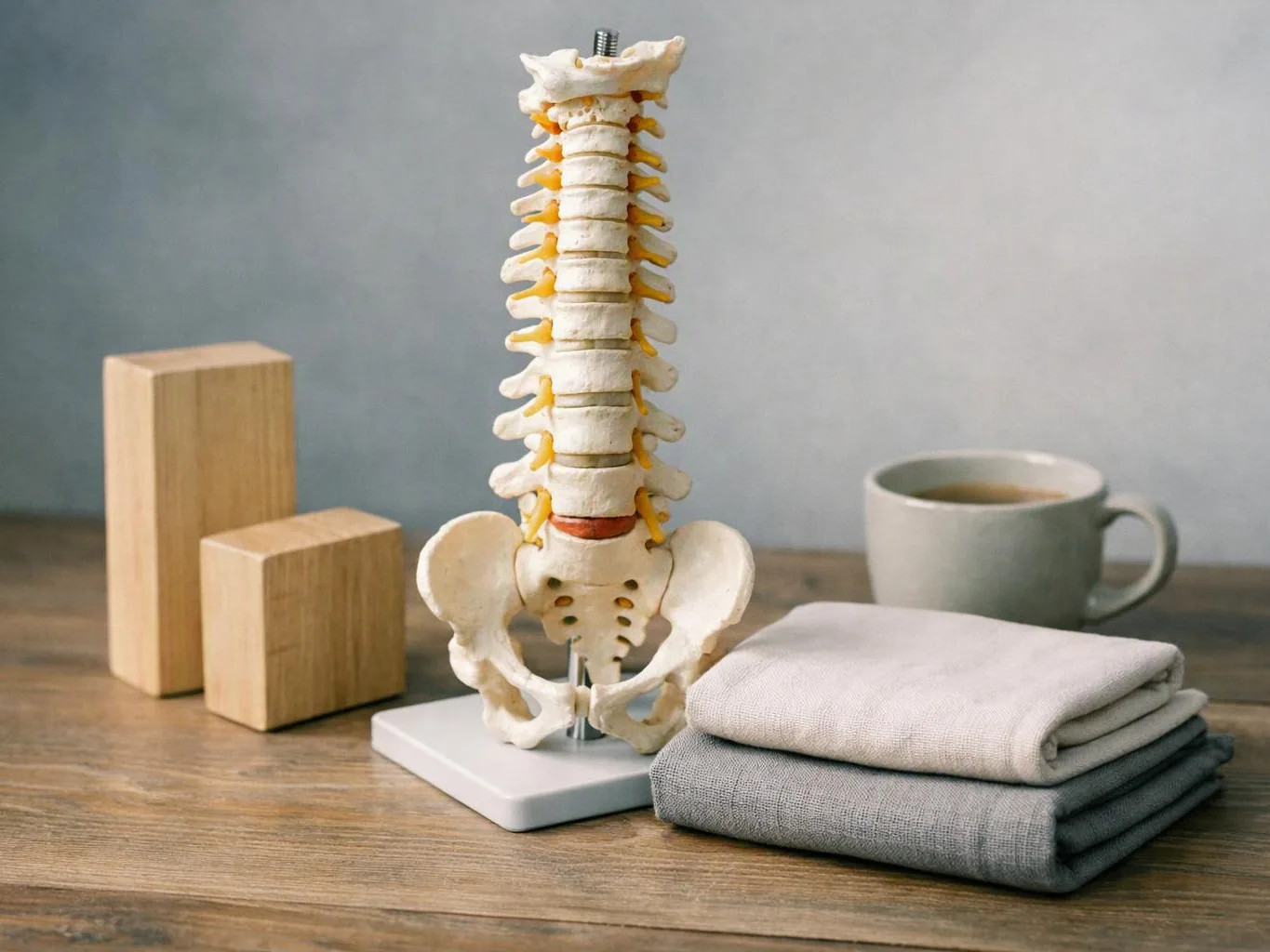 A spine model stands on a wooden table beside blocks, folded cloths, and a mug