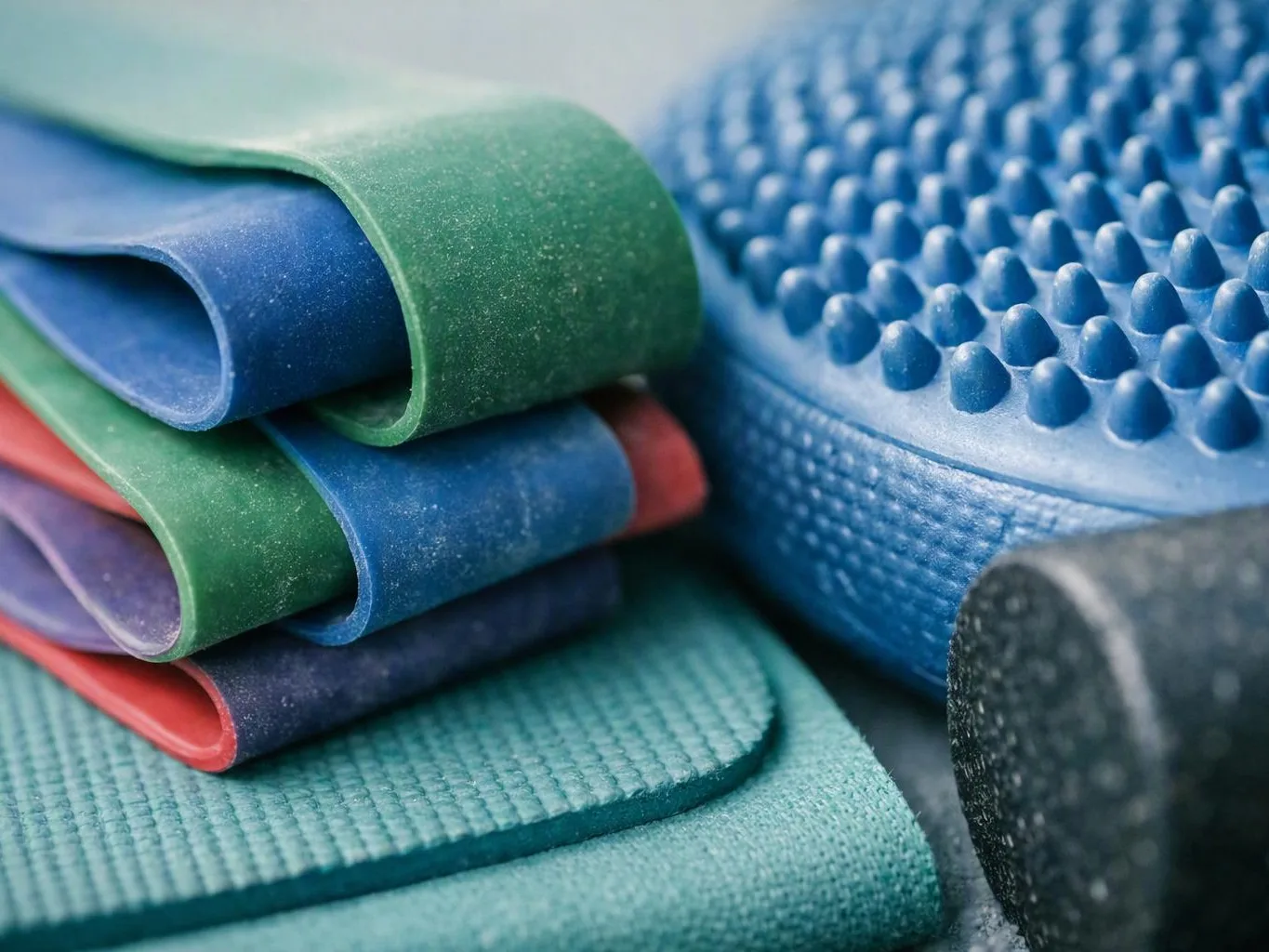 Stacked colorful fitness mats sit beside a blue textured exercise ball with raised bumps