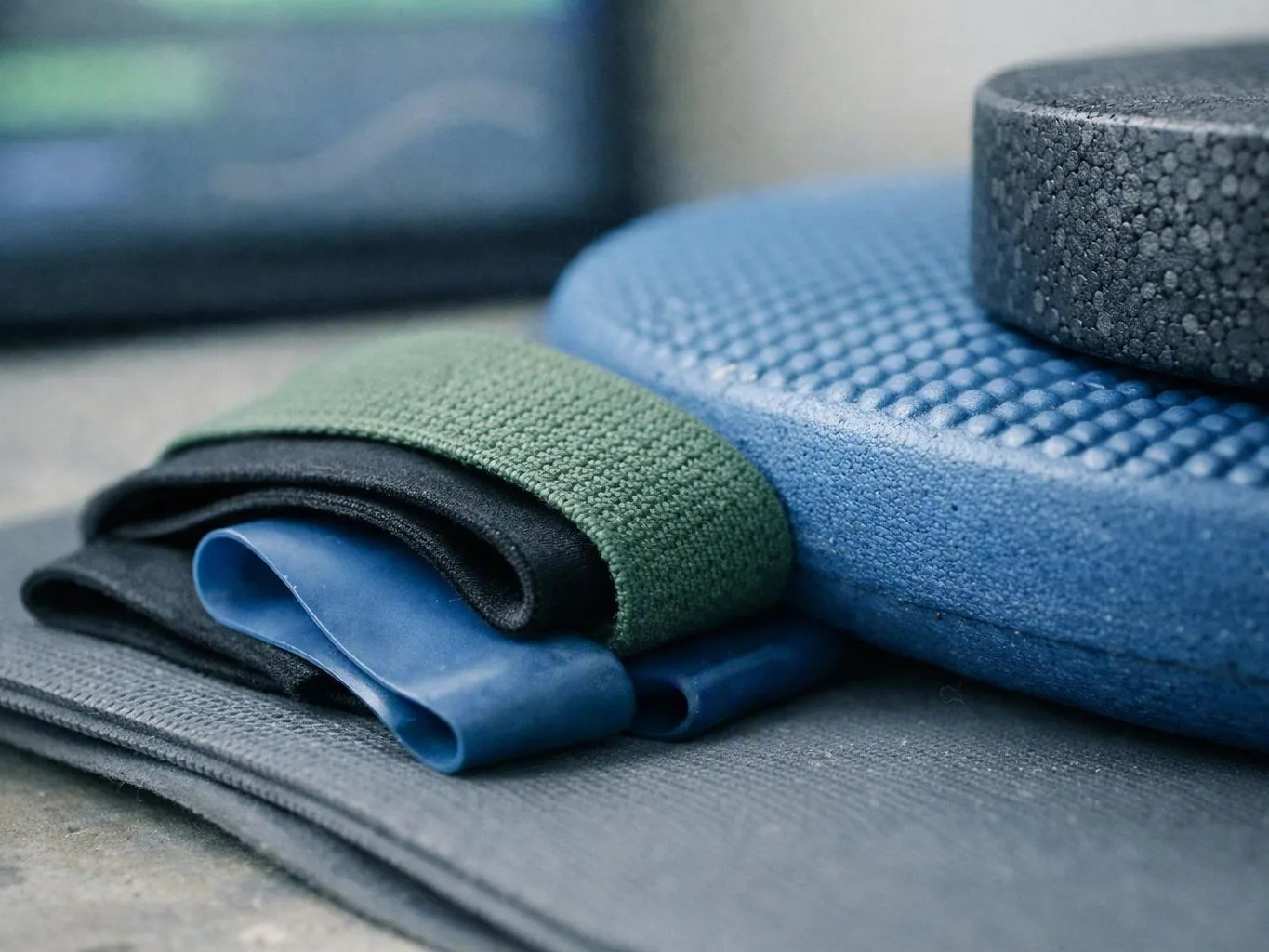 Stacked exercise mats and foam rollers with straps rest on a gym floor