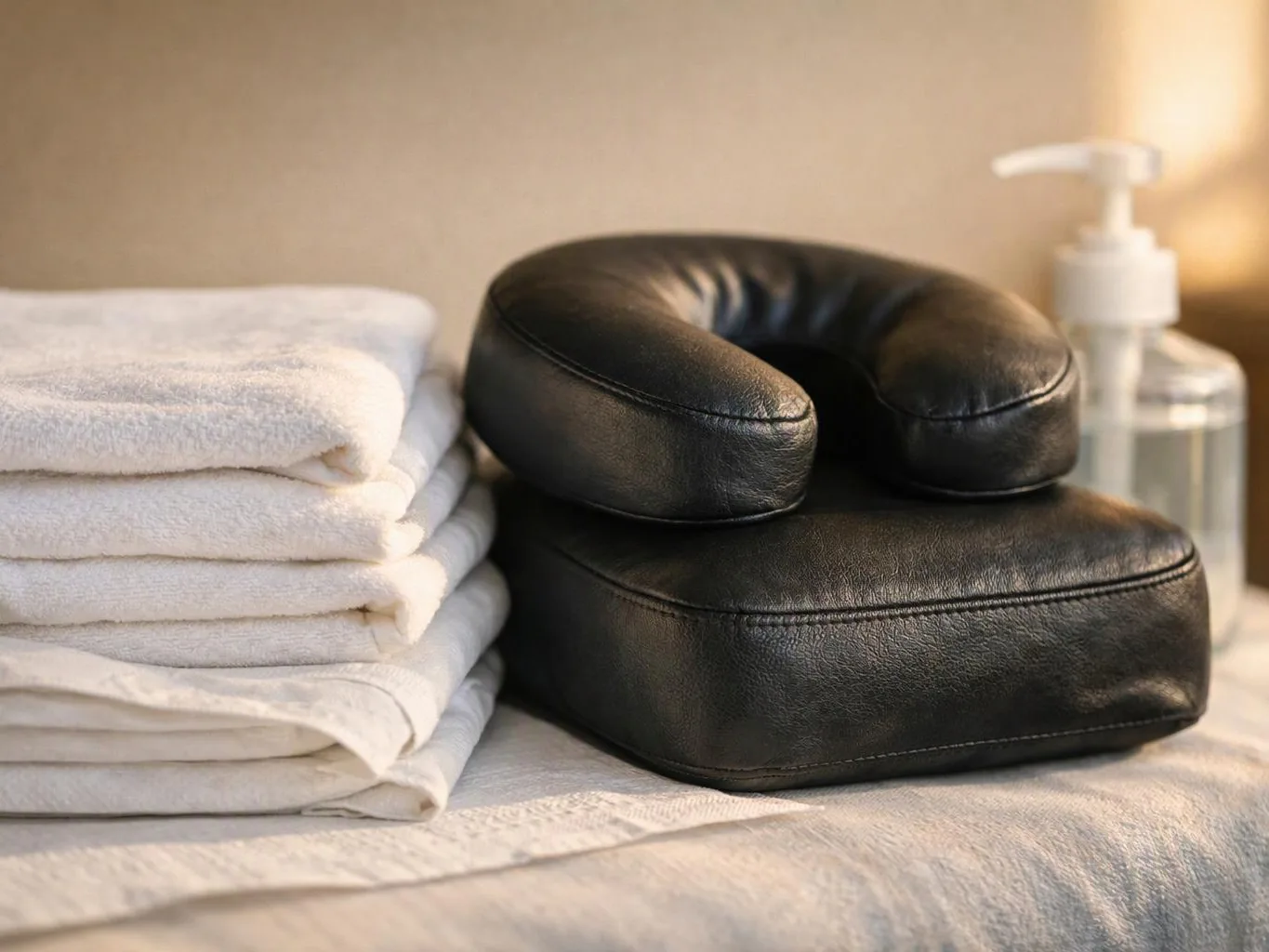 Stacked white towels sit beside a black leather neck pillow and a pump bottle on a massage table