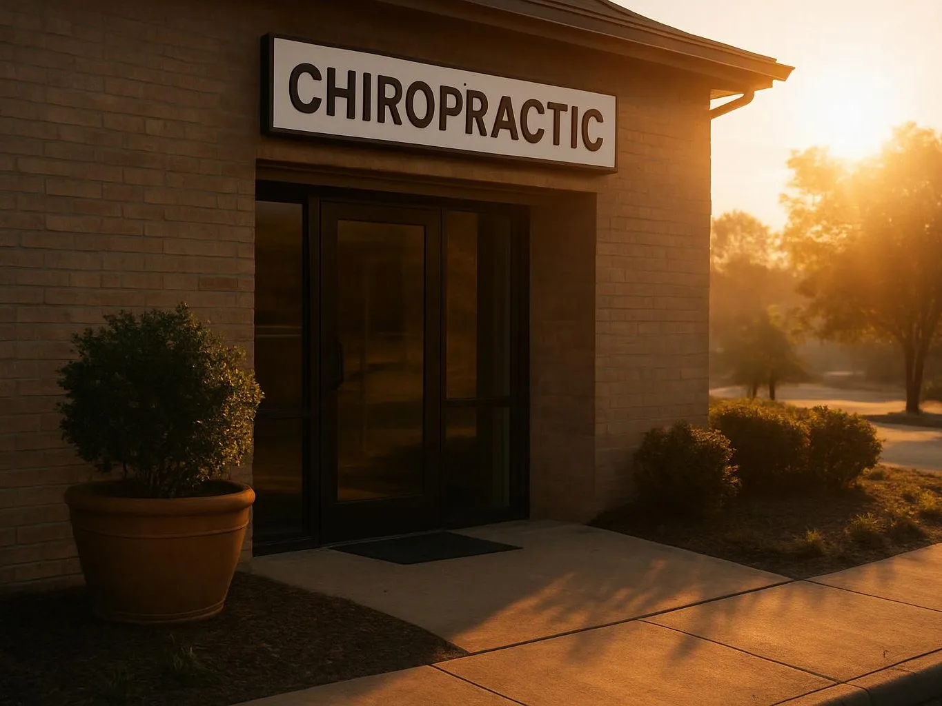 Sunlit brick storefront entrance with a large “CHIROPRACTIC” sign, glass doors, and potted shrubs