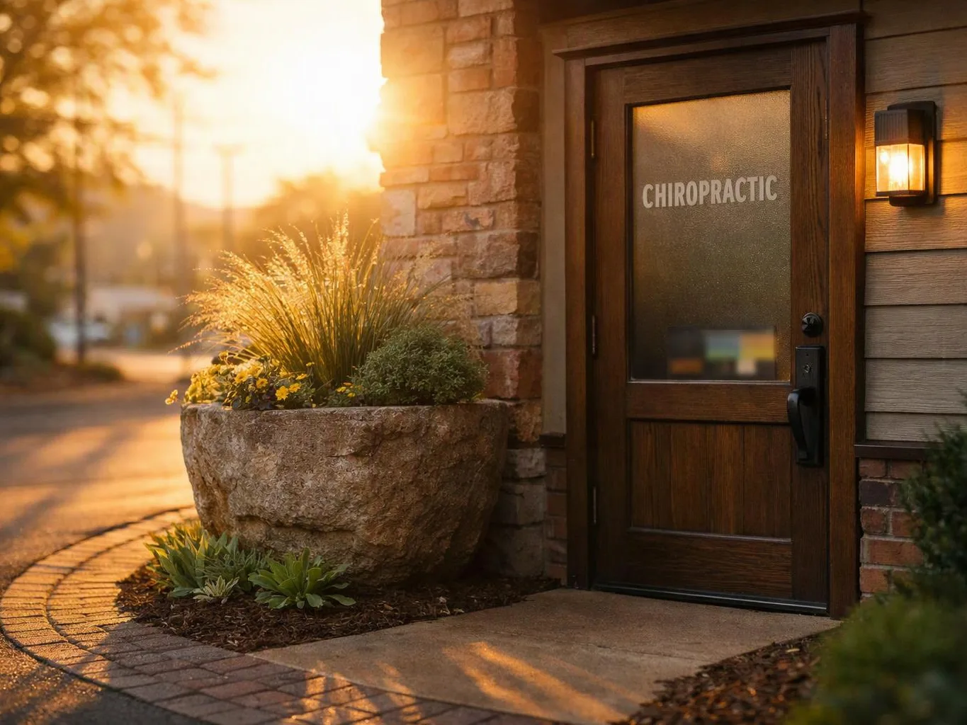 Sunlit stone planters sit beside a wooden door marked “CHIROPRACTIC” on a quiet sidewalk