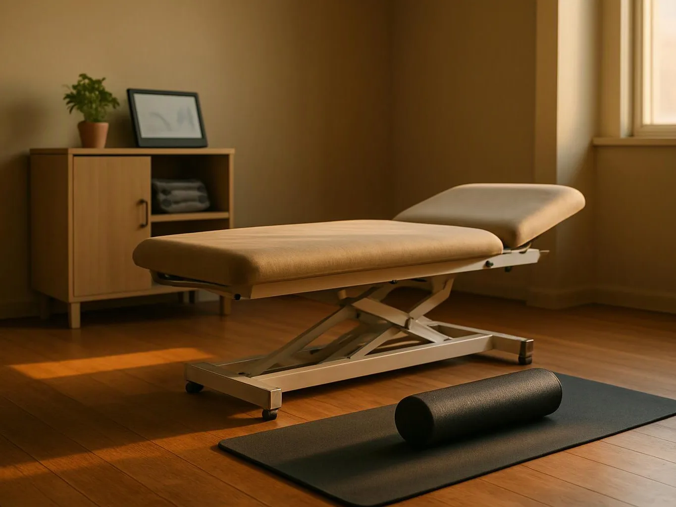 A tan treatment table sits in a warm room beside a yoga mat, foam roller, cabinet, and window