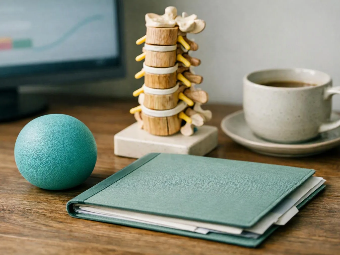 A teal ball, a green notebook, a model spine, and a coffee cup sit on a wooden desk