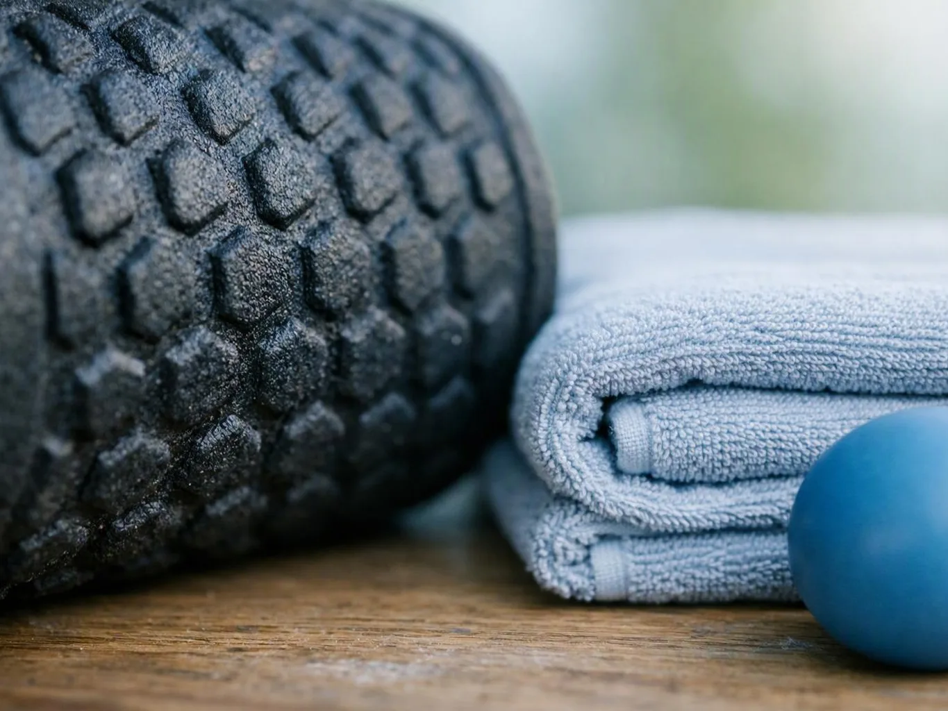 A textured foam roller, folded gray towels, and a blue massage ball rest on a wooden surface