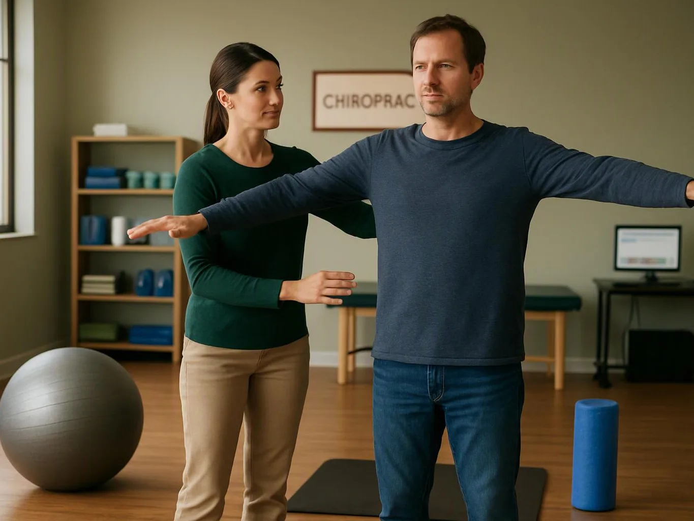 A therapist guides a man with outstretched arms in a chiropractic treatment room