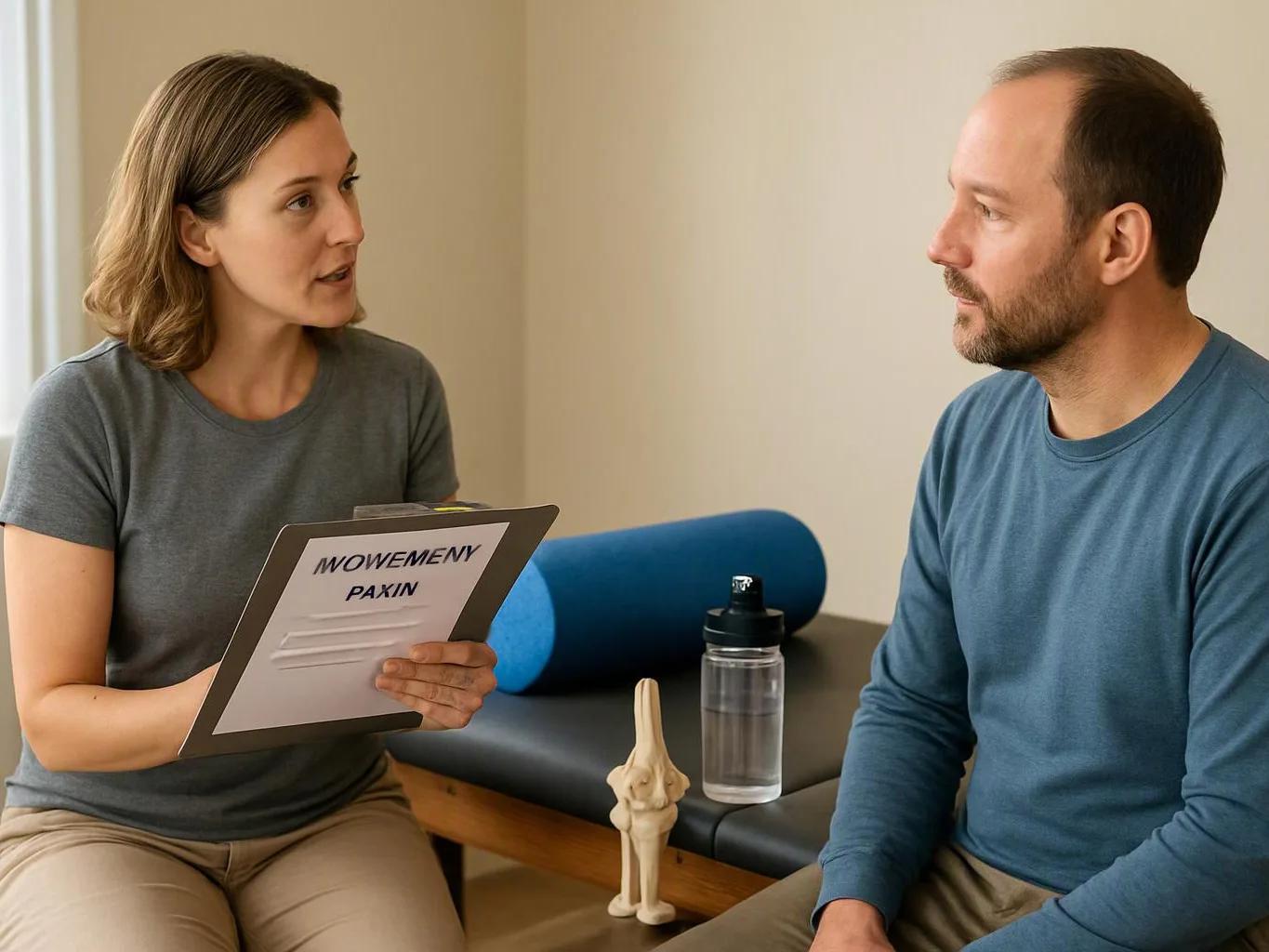 A therapist shows a clipboard to a seated man in a treatment room with a foam roller, water bottle, and model joint