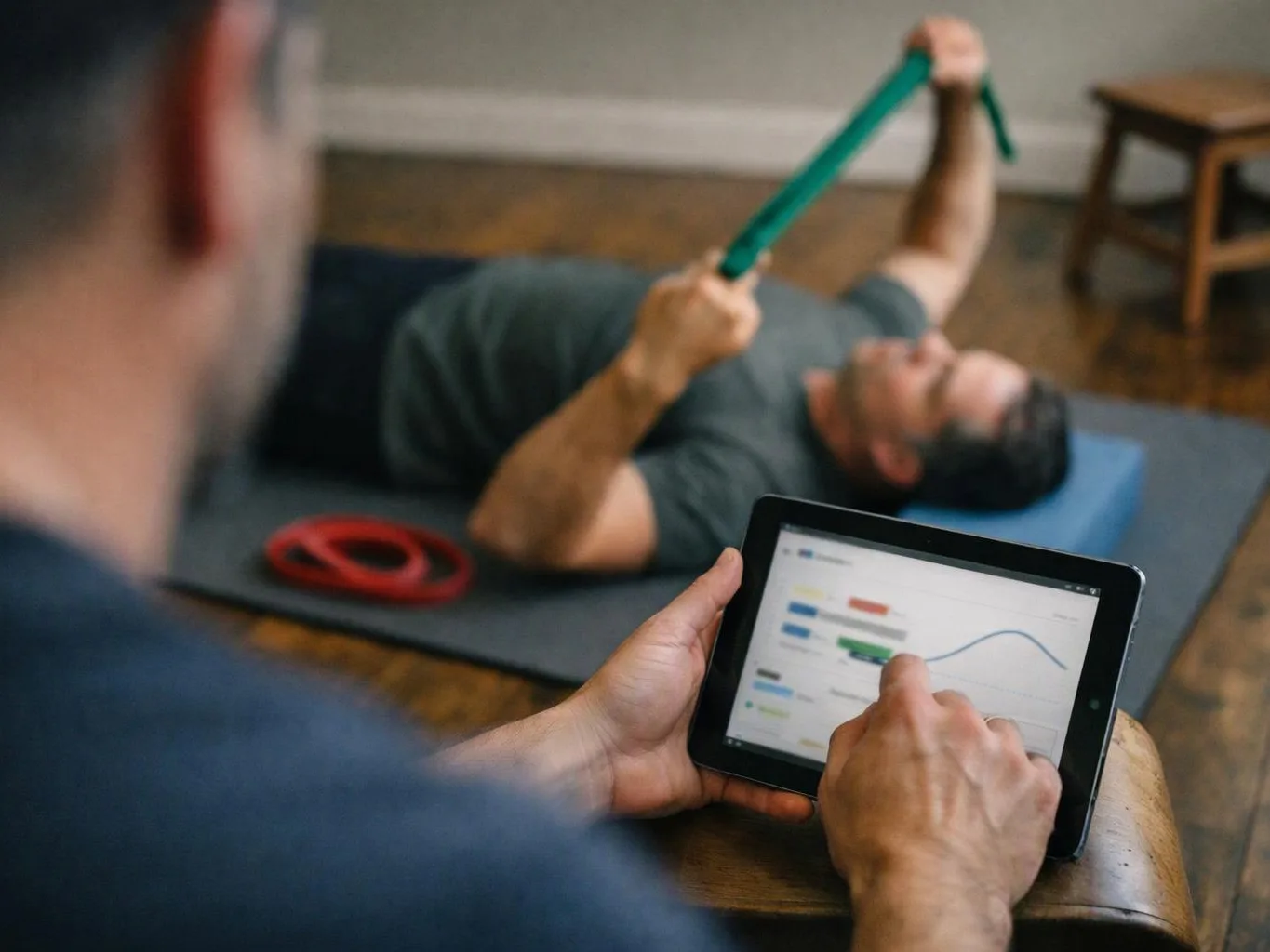 A therapist taps a tablet while a man lies on a mat stretching with a green strap