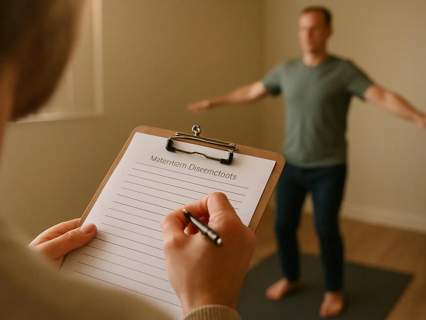 A therapist writes on a clipboard while a man stands with arms out on a yoga mat in a plain room