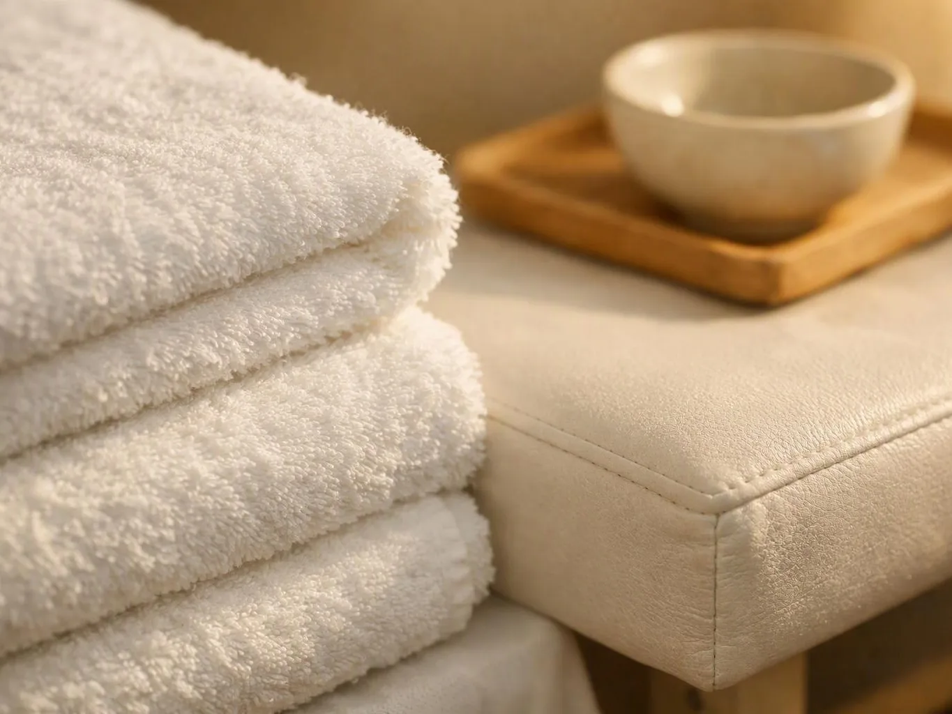 Three folded white towels rest beside a small bowl on a cushioned bench in warm light
