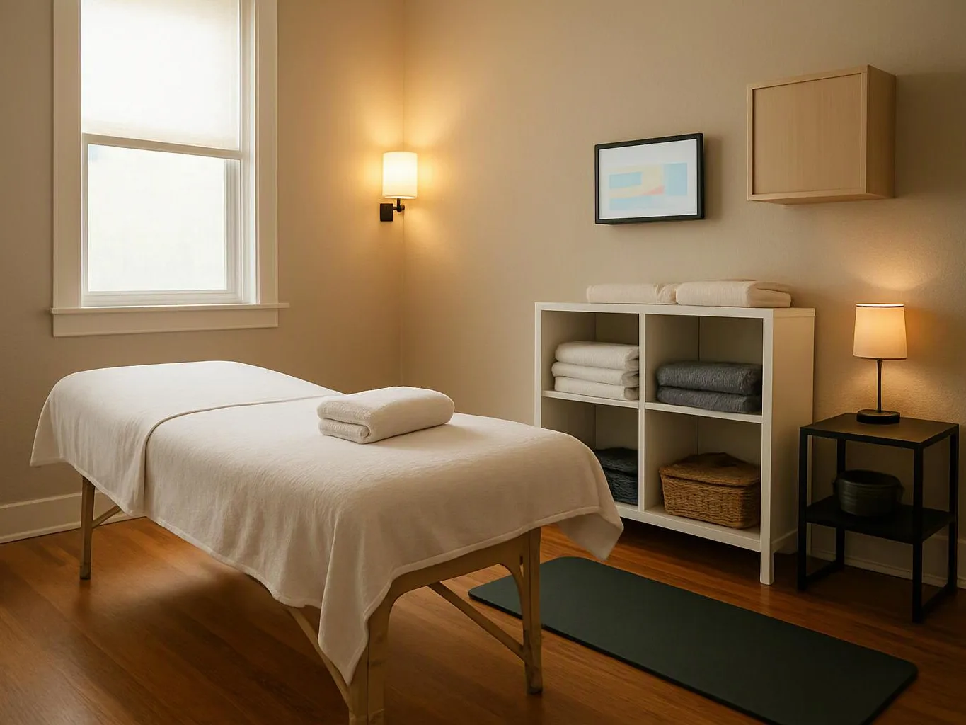 A tidy massage room shows a padded table, folded towels, shelves, lamps, and warm beige walls