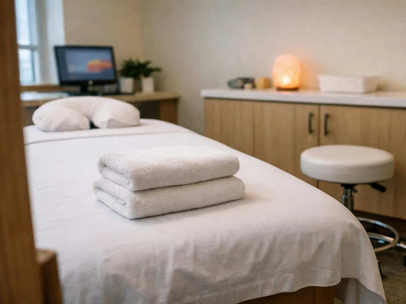 A tidy massage room shows a treatment bed with folded towels, a stool, and soft lighting