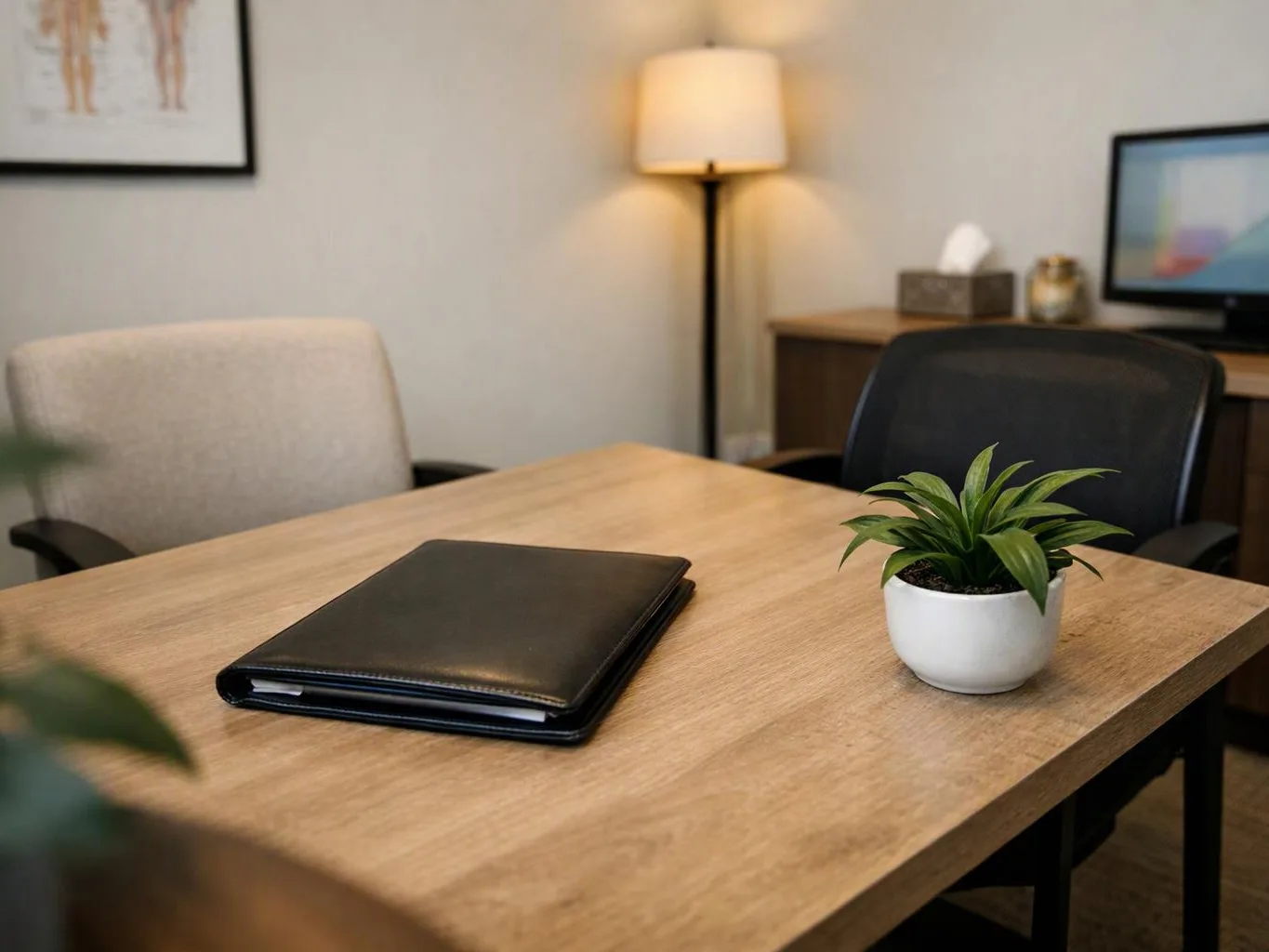 A tidy office room shows a wooden table with a black folder, a small potted plant, chairs, a lamp, and a computer monitor