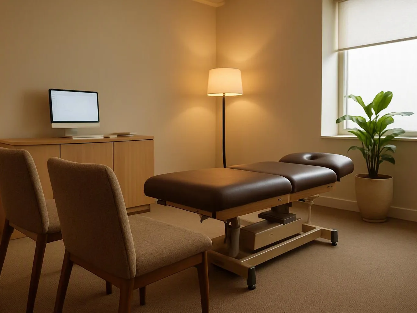 A tidy therapy room shows a treatment table, two chairs, a lamp, a computer, and a potted plant