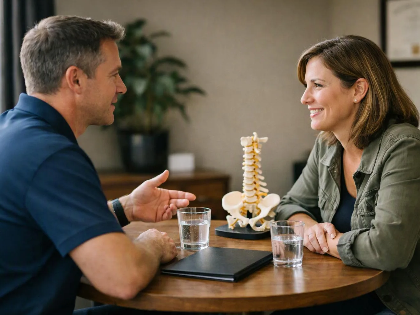Two adults talk across a table with glasses of water and a small spine model in a clinic office
