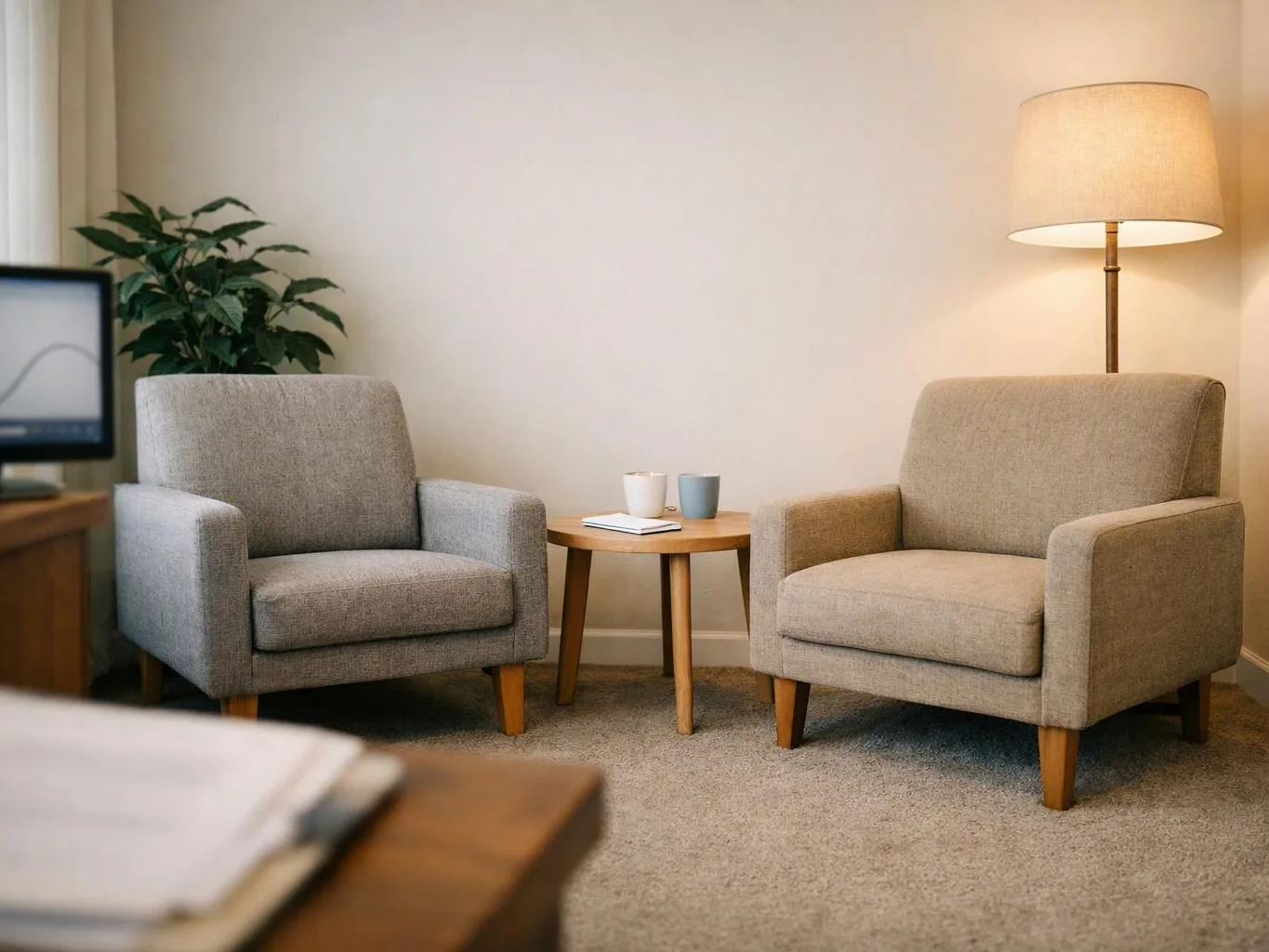 Two gray armchairs face a small table with mugs, in a calm room with a lamp and plant