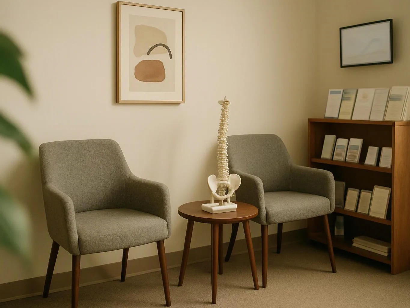 Two gray armchairs face a small table with a spine model in a quiet waiting room