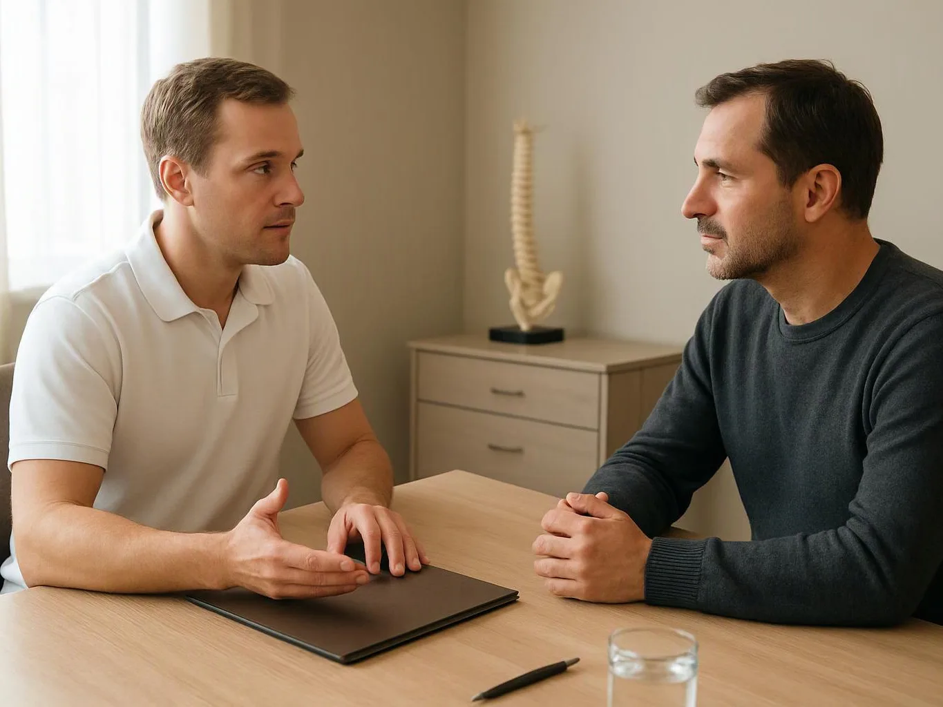 Two men sit across a table, talking with a closed laptop and pen in a bright room