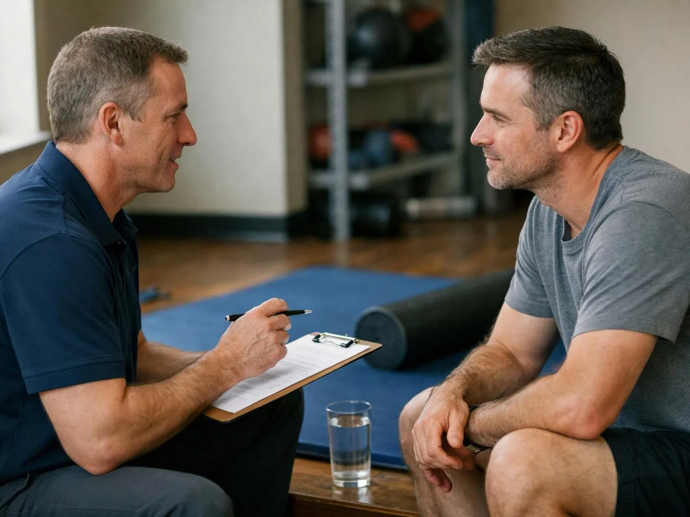 Two men sit face to face in a gym, one holding a clipboard while they talk near a glass of water