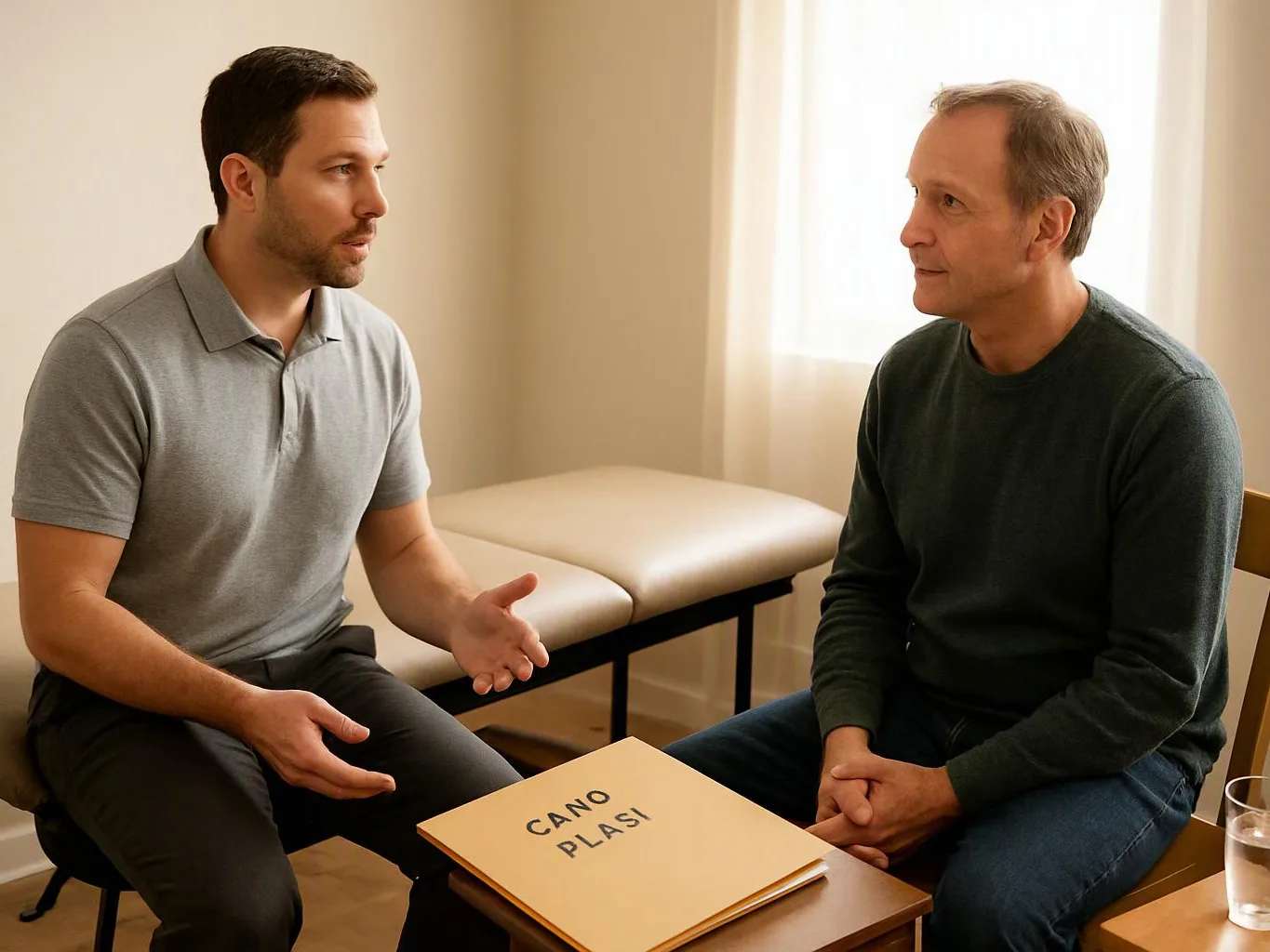 Two men sit facing each other in a bright room, talking beside a small table with a folder marked “CANO PLASI”