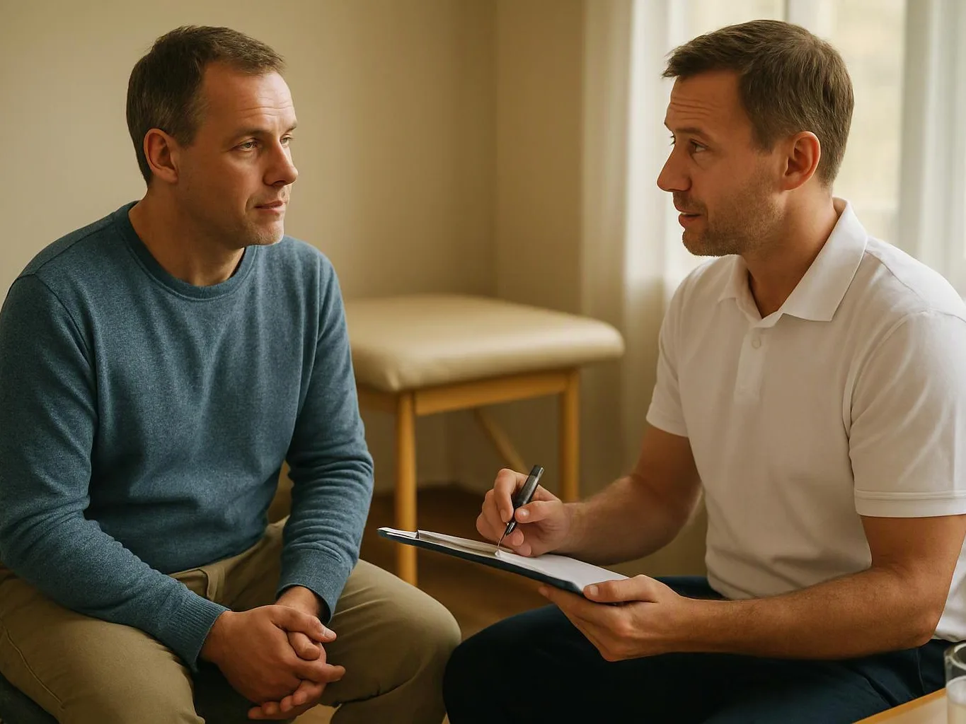 Two men sit facing each other in a bright room, one taking notes on a clipboard