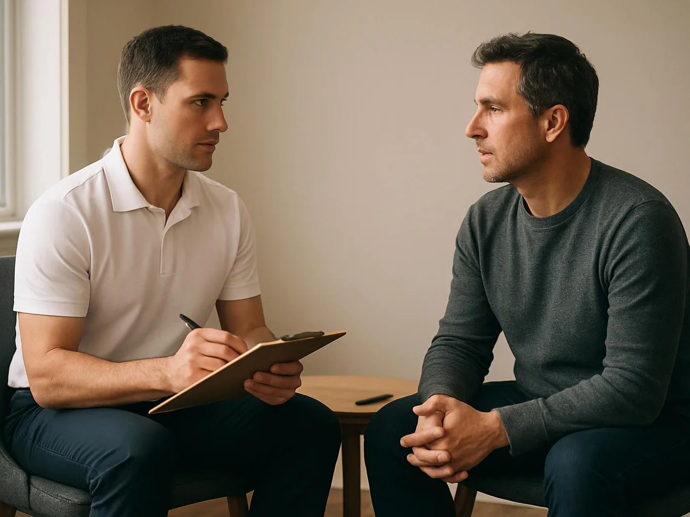 Two men sit facing each other in a quiet room, one taking notes on a clipboard