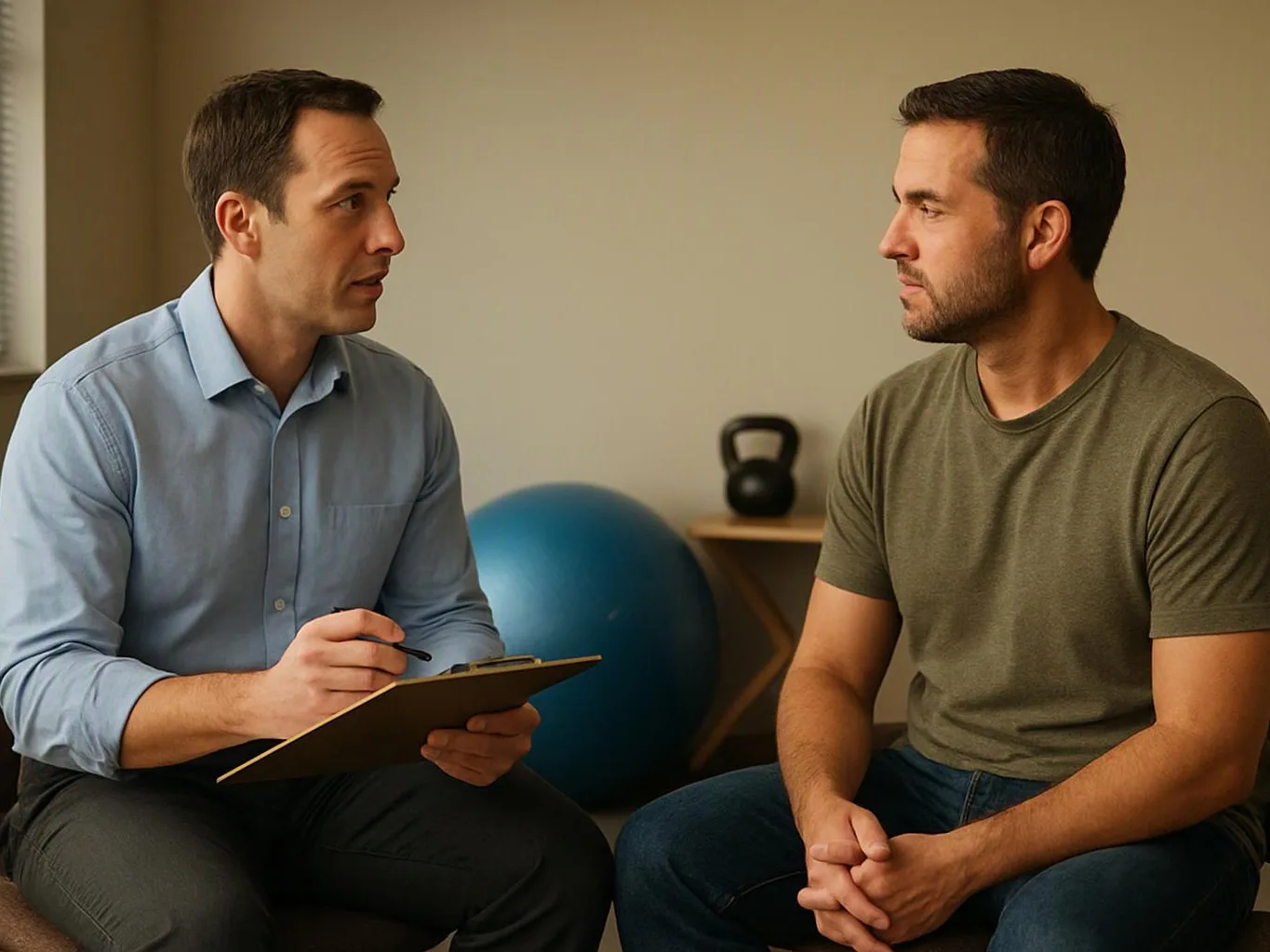 Two men sit facing each other in a room, one taking notes while the other listens near a blue exercise ball and kettlebell