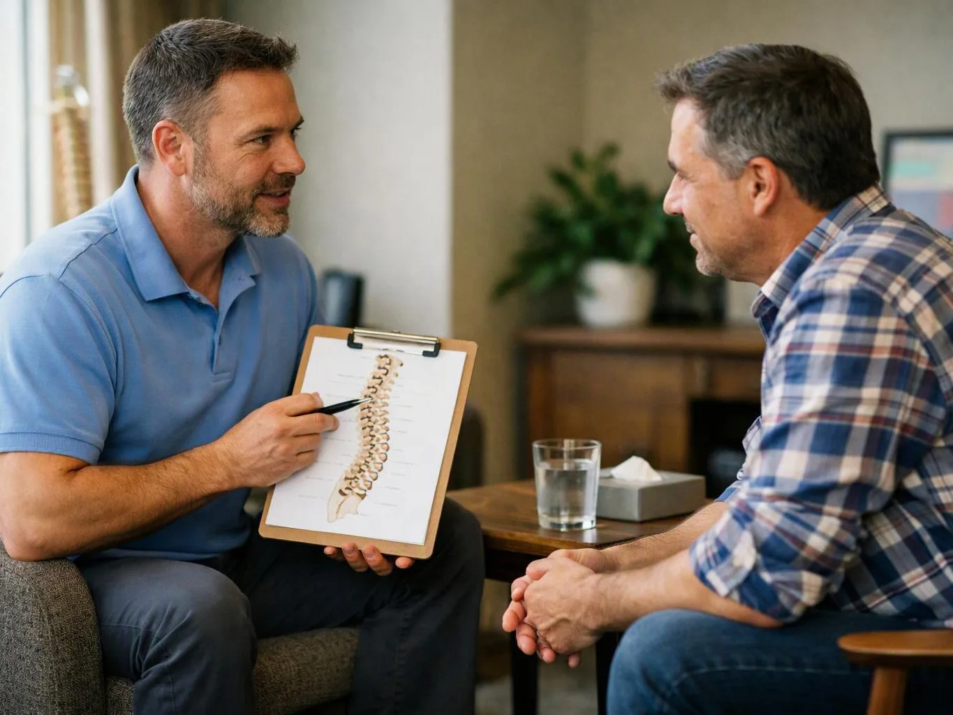 Two men sit in a living room, one pointing to a spine diagram on a clipboard while they talk