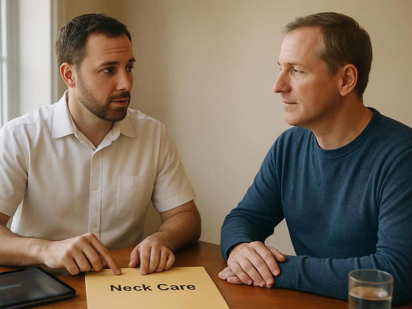 Two men sit at a table discussing a sheet labeled "Neck Care" in a bright room