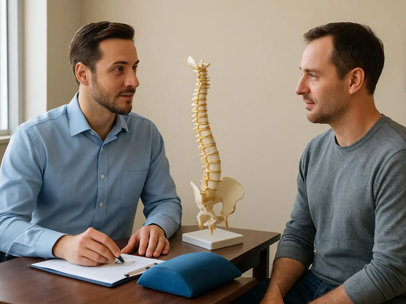 Two men sit at a table with a spine model while one writes on a clipboard in a bright room