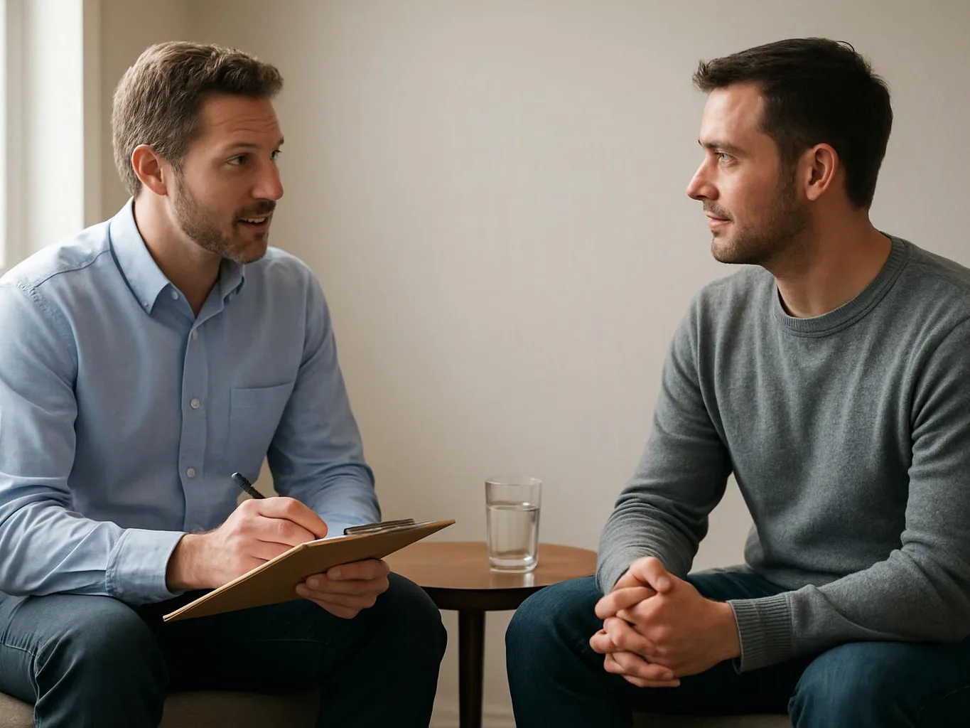 Two men sit talking in a plain room, one taking notes on a clipboard beside a glass of water
