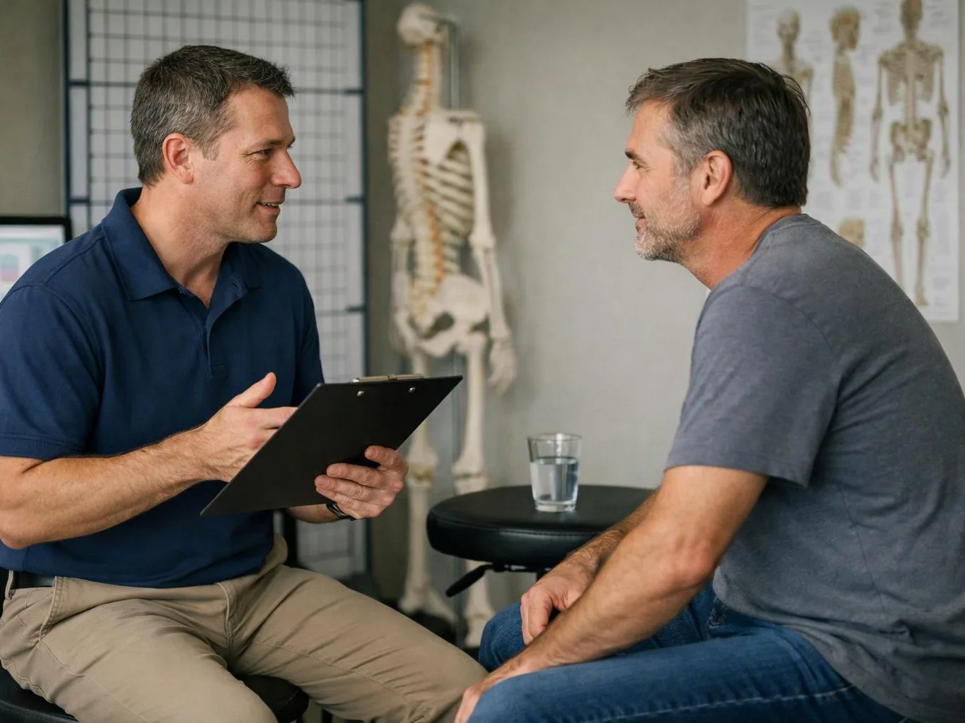 Two men talk in a clinic room, one holding a clipboard beside a skeleton model and posters