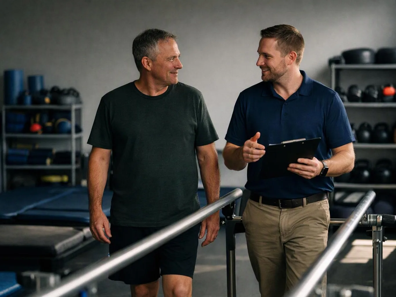 Two men walk and talk in a gym, with one holding a clipboard and pointing ahead