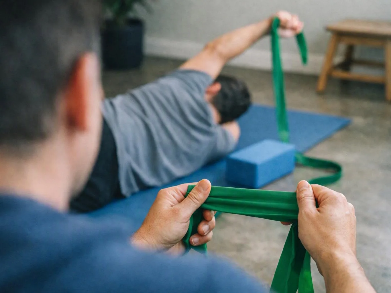 Two people practice stretching, one lying on a mat while another holds a green resistance band in the foreground