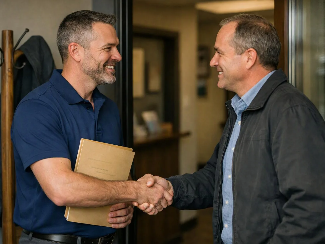 Two smiling men shake hands in a doorway, one holding tan folders in a hallway