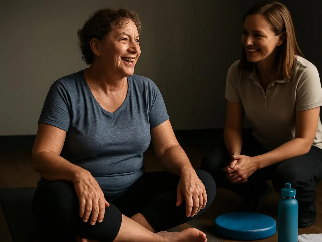 Two smiling women sit on the floor in a dim room beside a blue cushion and water bottle